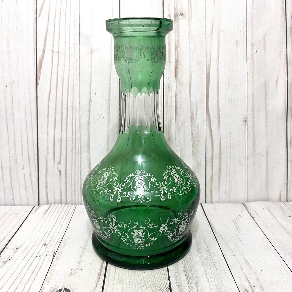 VTG Emerald Green Victorian Baroque Style Romantic Rose Enamel Glass Decanter